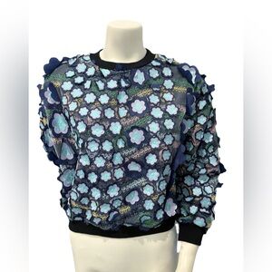 3D Floral Appliqué Sweatshirt Blue Purple Mesh Embroidered Pullover Top XS/S